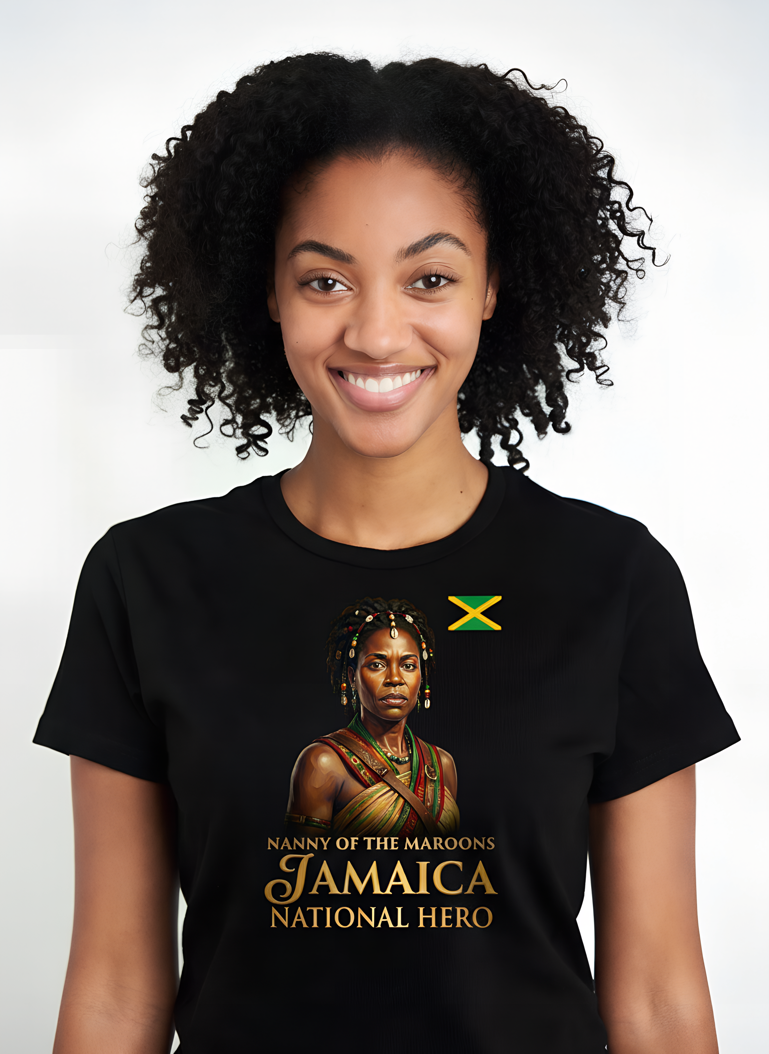 Proudly wearing a black t-shirt showcasing Nanny of the Maroons, legendary Jamaica National Hero. Beautiful portrait design with Jamaican flag and gold lettering.